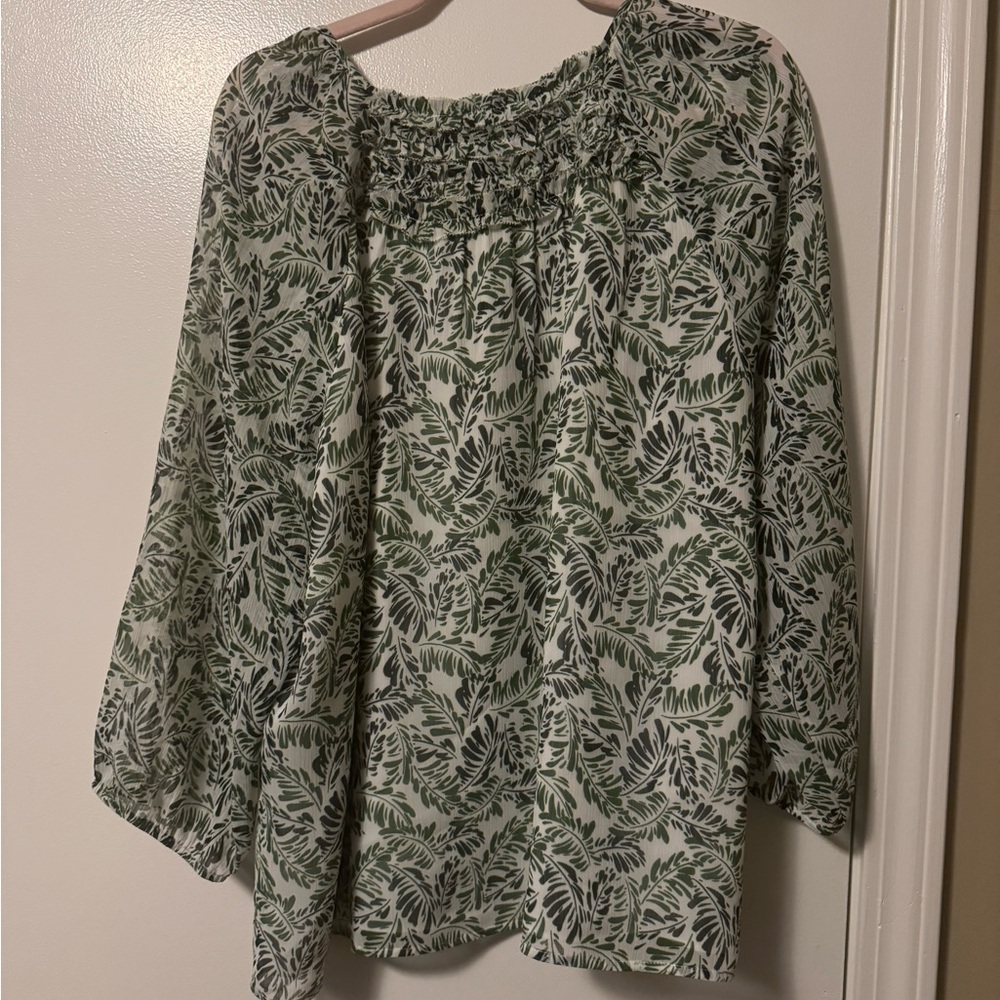 Daniel Rainn, Stitchfix; olive green and white blouse. Measurements in photos.
